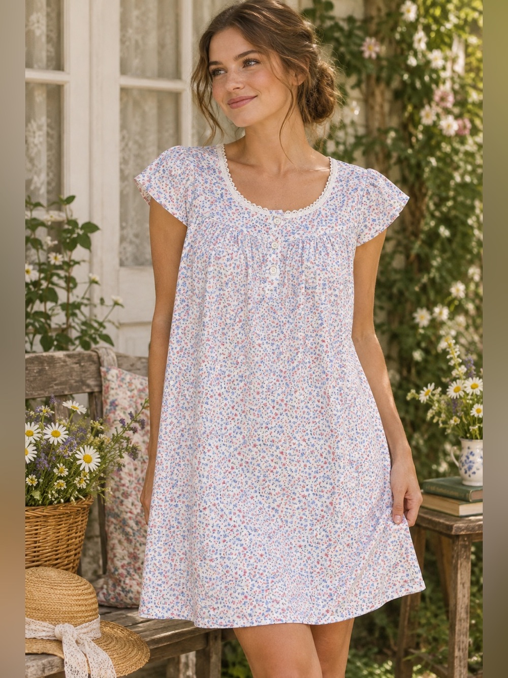 Aria Collection White Knee Length Dress Pink Blue Ditsy Floral Print Lace Trim